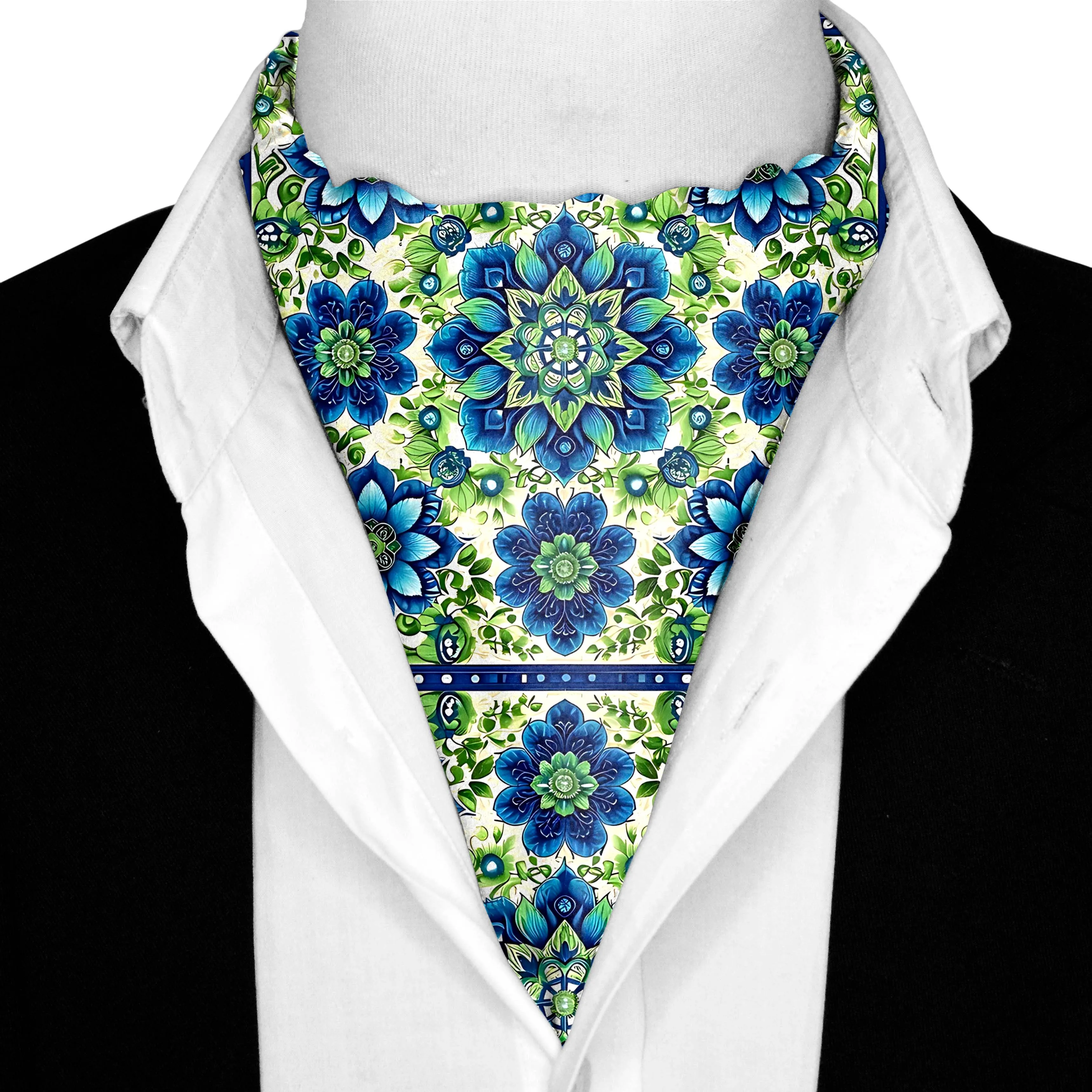 ELEGANT ABSTRACT FLORAL SILK ASCOT WITH LAPEL PIN AND POCKET SQUARE