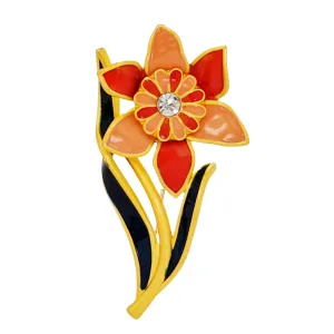 Elegant Gold - toned Enamel Flower Brooch with Crystal Centerpiece