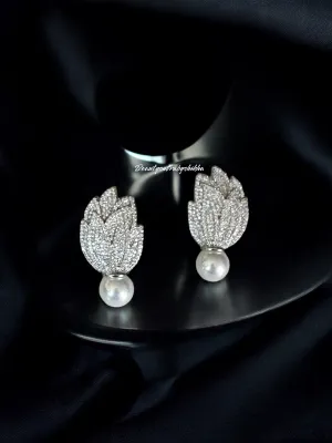 Elegant Leaf-Shaped CZ Diamond Earrings with Pearl Drop - Luxurious Jewelry by Beauty Sutra