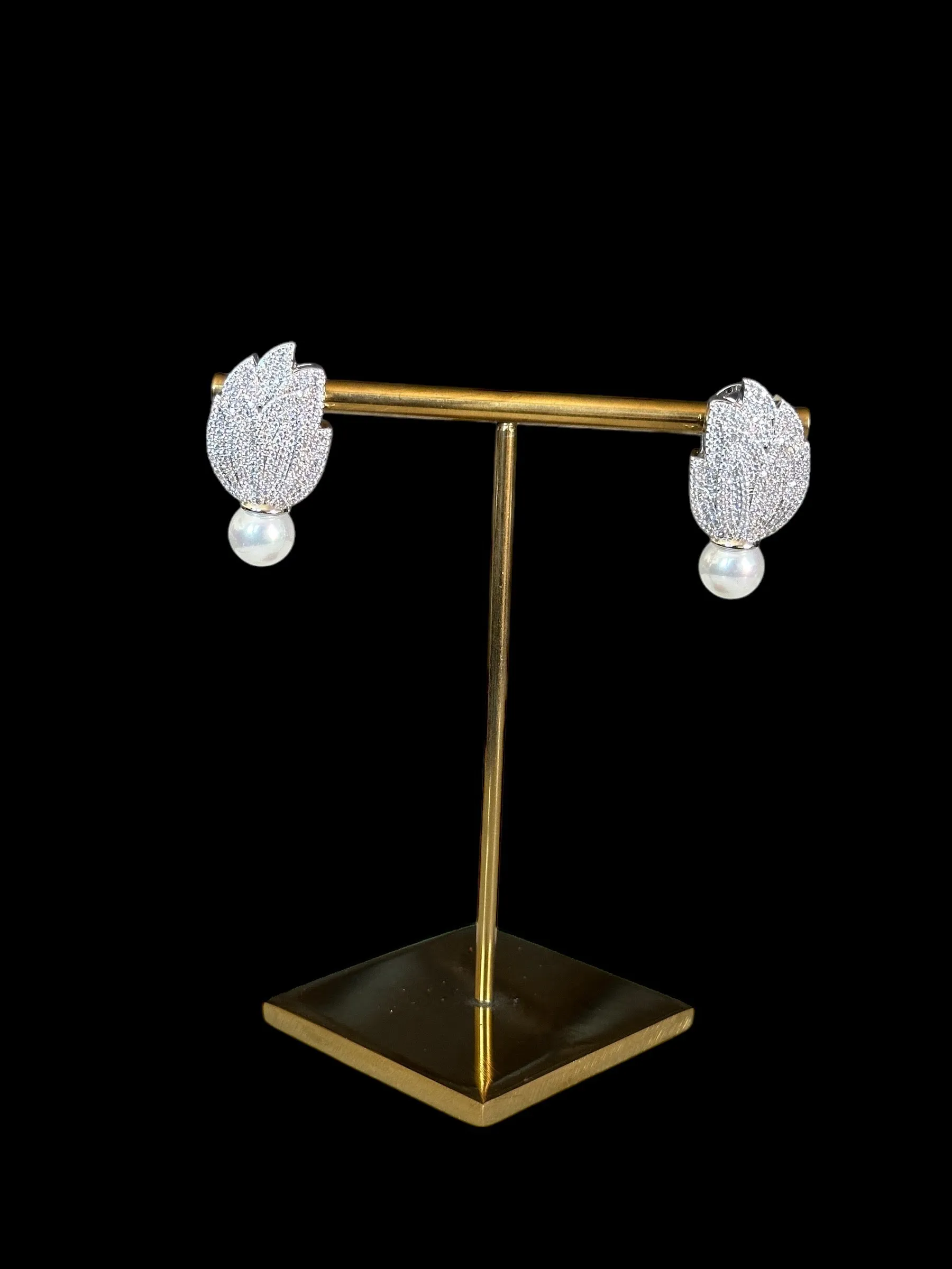 Elegant Leaf-Shaped CZ Diamond Earrings with Pearl Drop - Luxurious Jewelry by Beauty Sutra