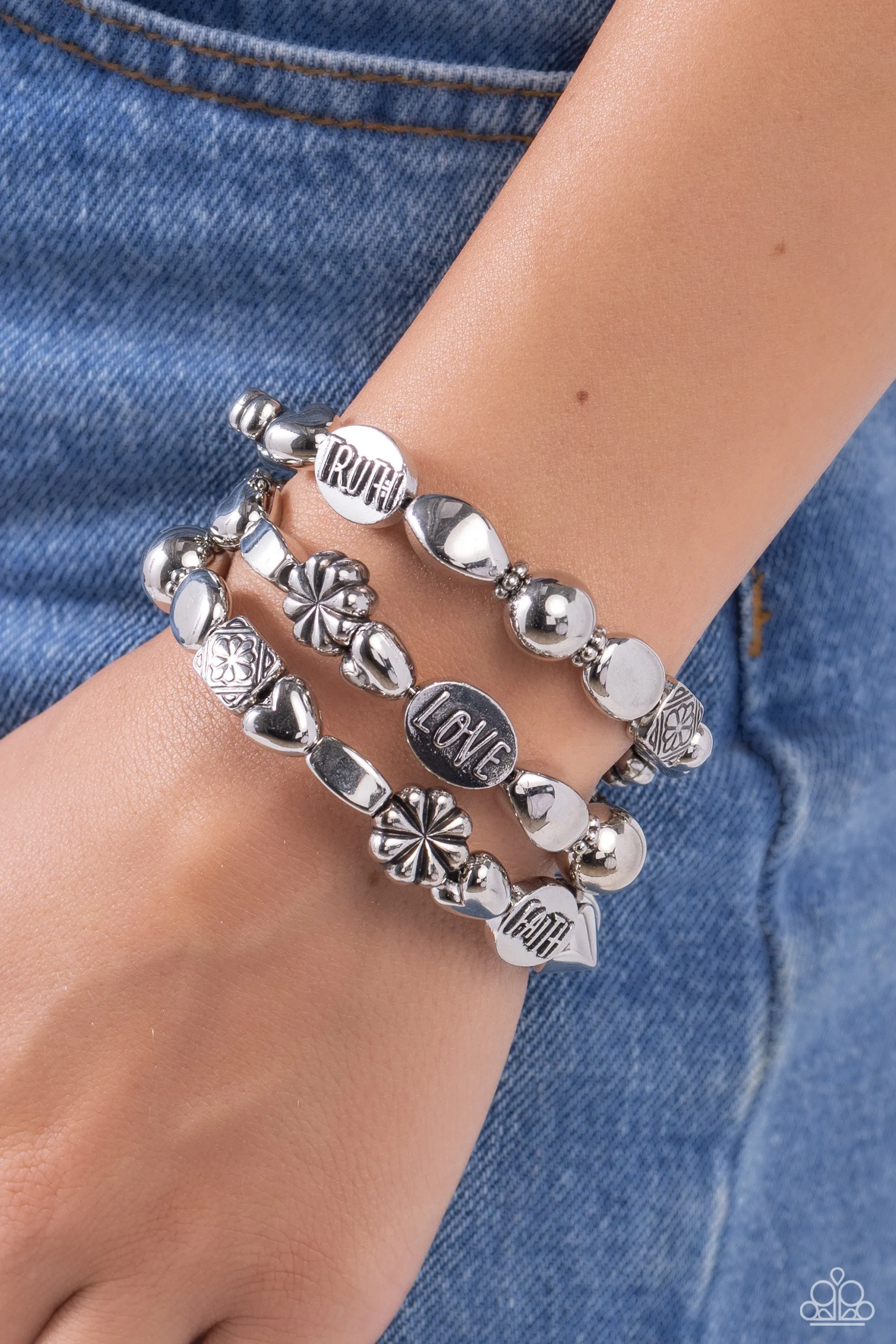 Enchanting Emotion - Silver - "FAITH," "HOPE," "TRUTH," "LOVE" Bead Inspirational/Religious Paparazzi Coil Bracelet