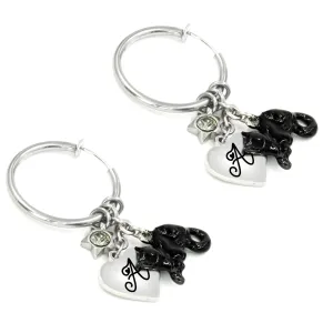 Engraved Silver Hoop Earrings with Black Cats