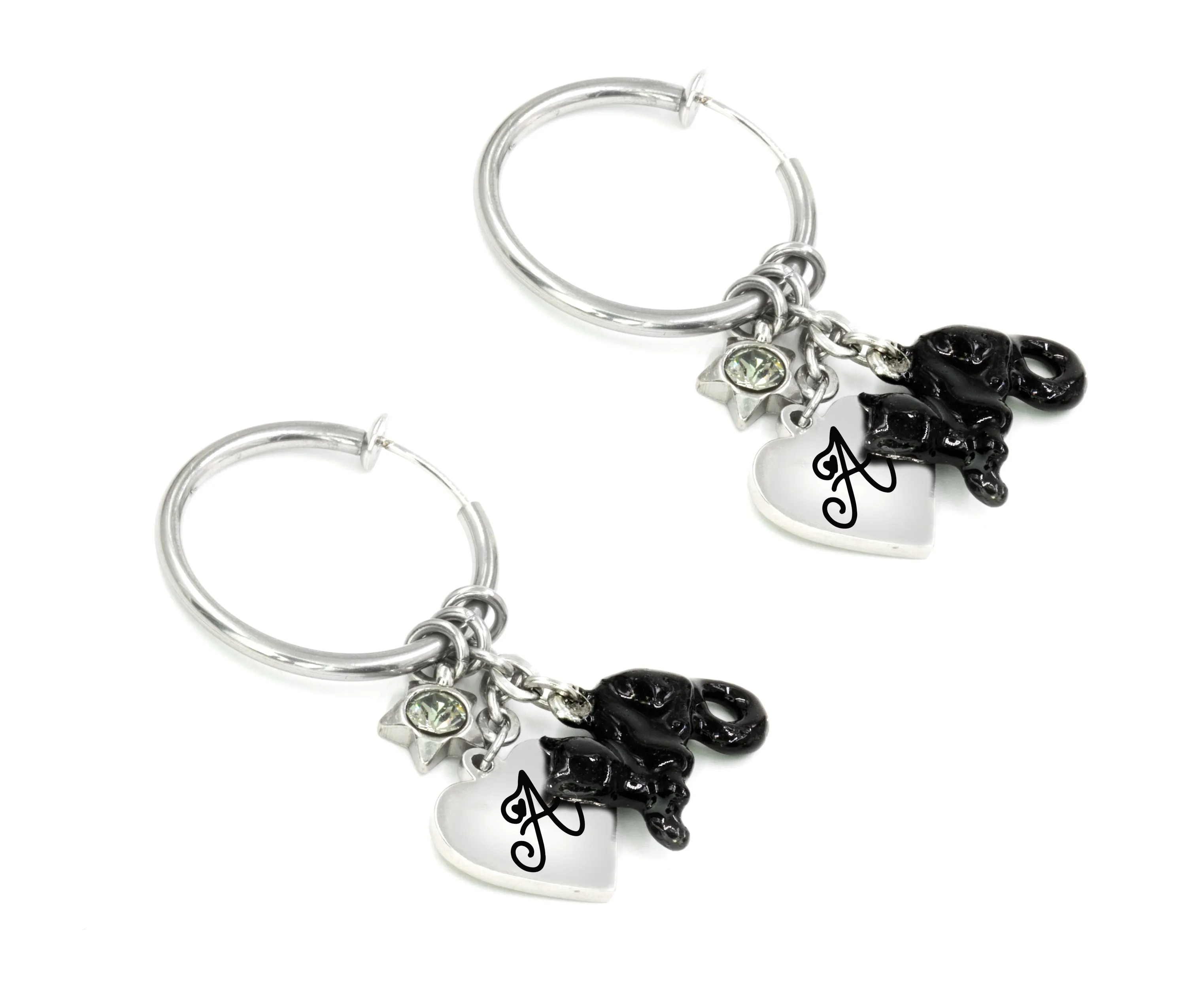 Engraved Silver Hoop Earrings with Black Cats