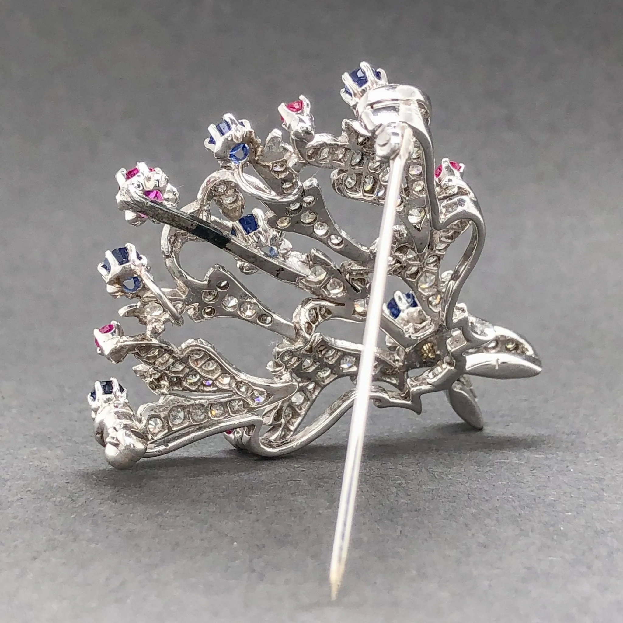 Estate 14K W Gold 2.12cttw H-I/SI1-2 Diamond & 1.43cttw Sapphire & Ruby Brooch