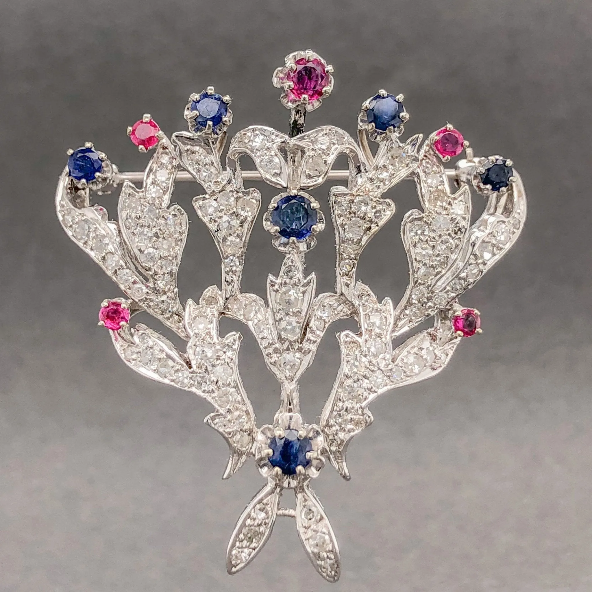 Estate 14K W Gold 2.12cttw H-I/SI1-2 Diamond & 1.43cttw Sapphire & Ruby Brooch