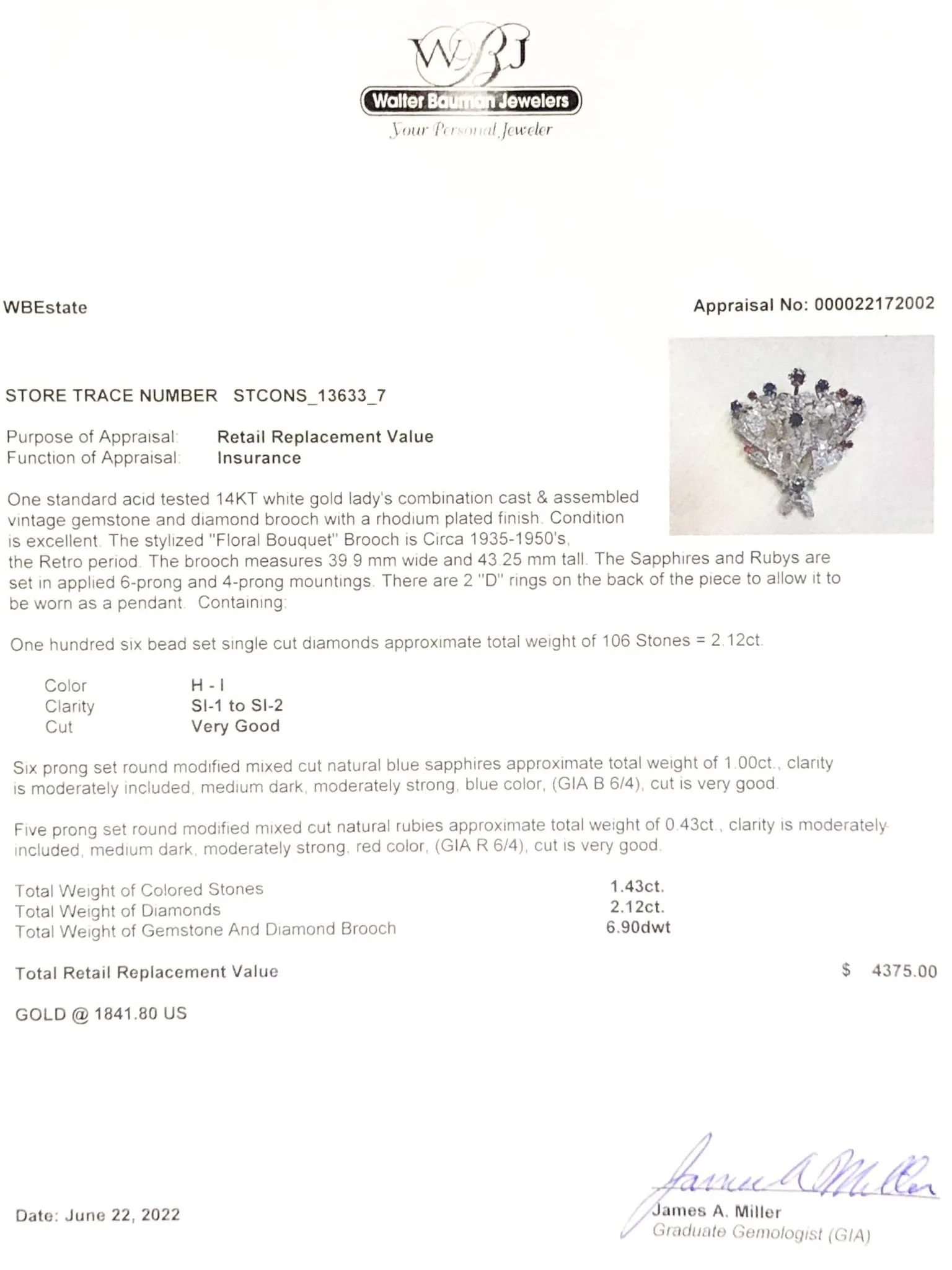 Estate 14K W Gold 2.12cttw H-I/SI1-2 Diamond & 1.43cttw Sapphire & Ruby Brooch
