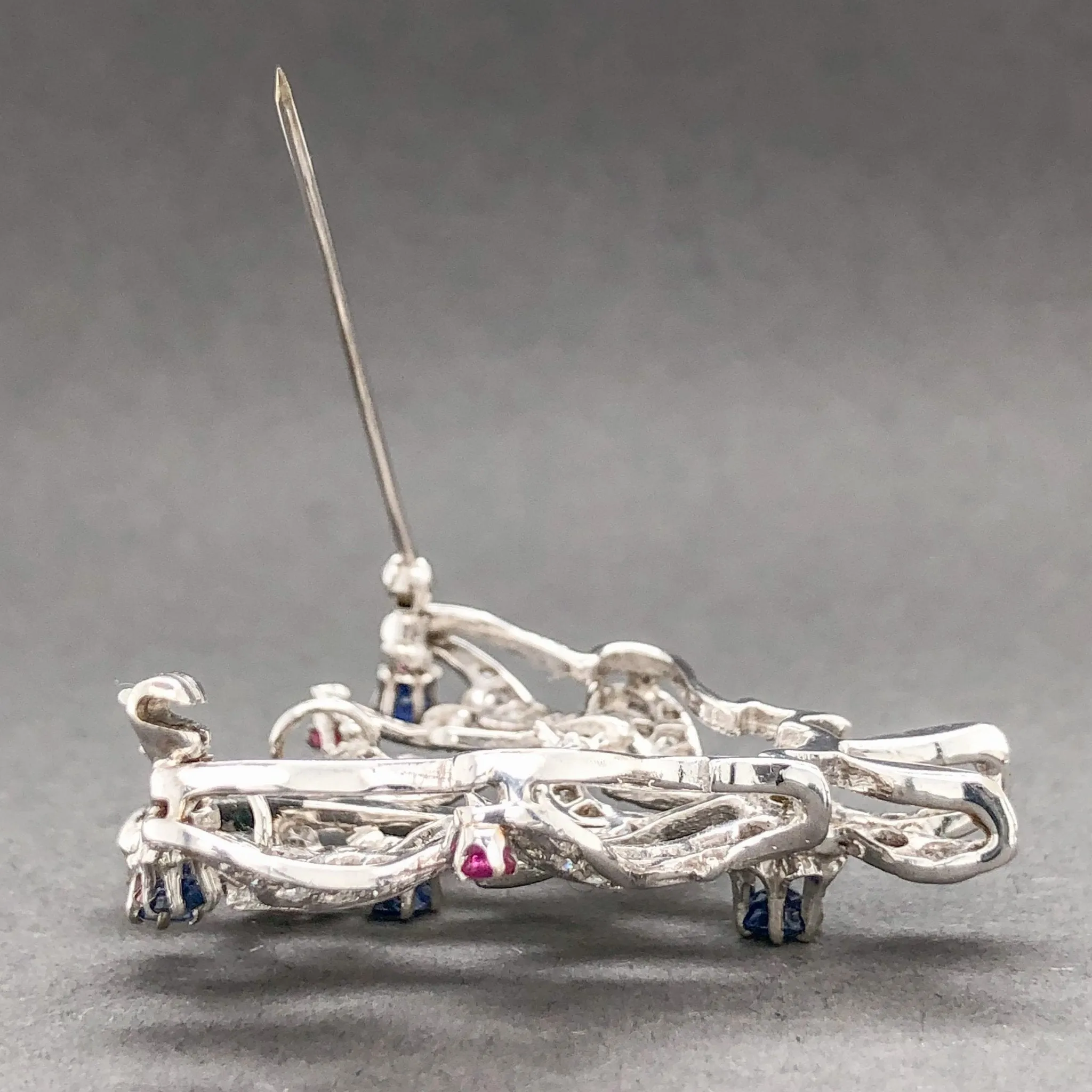 Estate 14K W Gold 2.12cttw H-I/SI1-2 Diamond & 1.43cttw Sapphire & Ruby Brooch