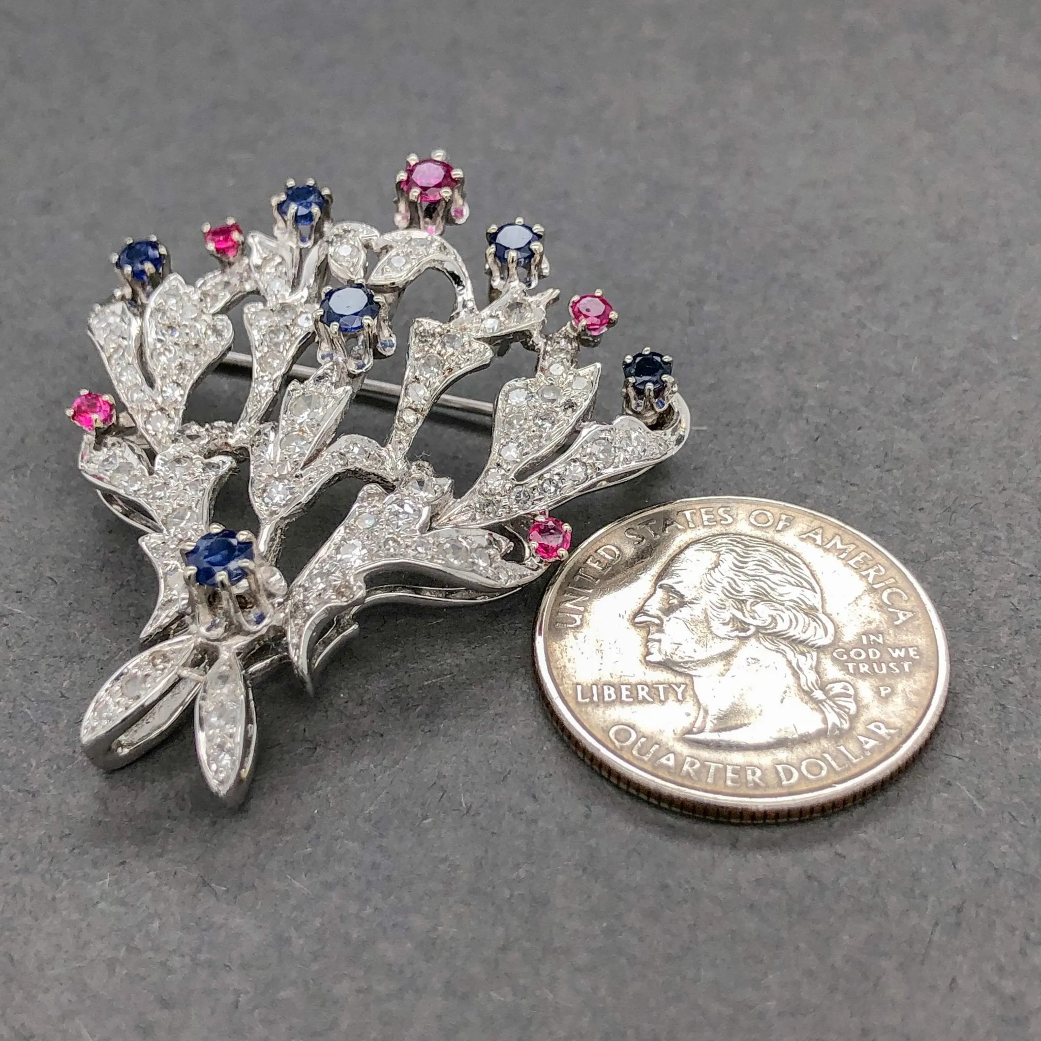Estate 14K W Gold 2.12cttw H-I/SI1-2 Diamond & 1.43cttw Sapphire & Ruby Brooch