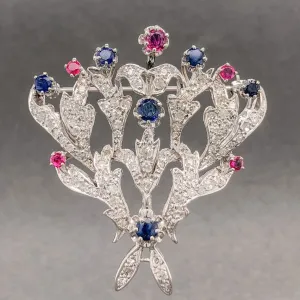 Estate 14K W Gold 2.12cttw H-I/SI1-2 Diamond & 1.43cttw Sapphire & Ruby Brooch