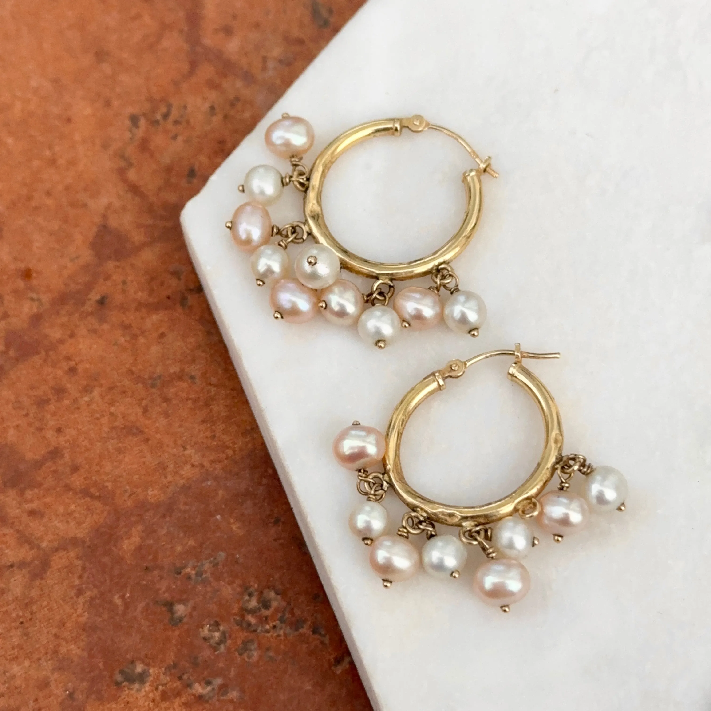 Estate 14KT Yellow Gold Hoop Earrings    Freshwater Pearl Dangles