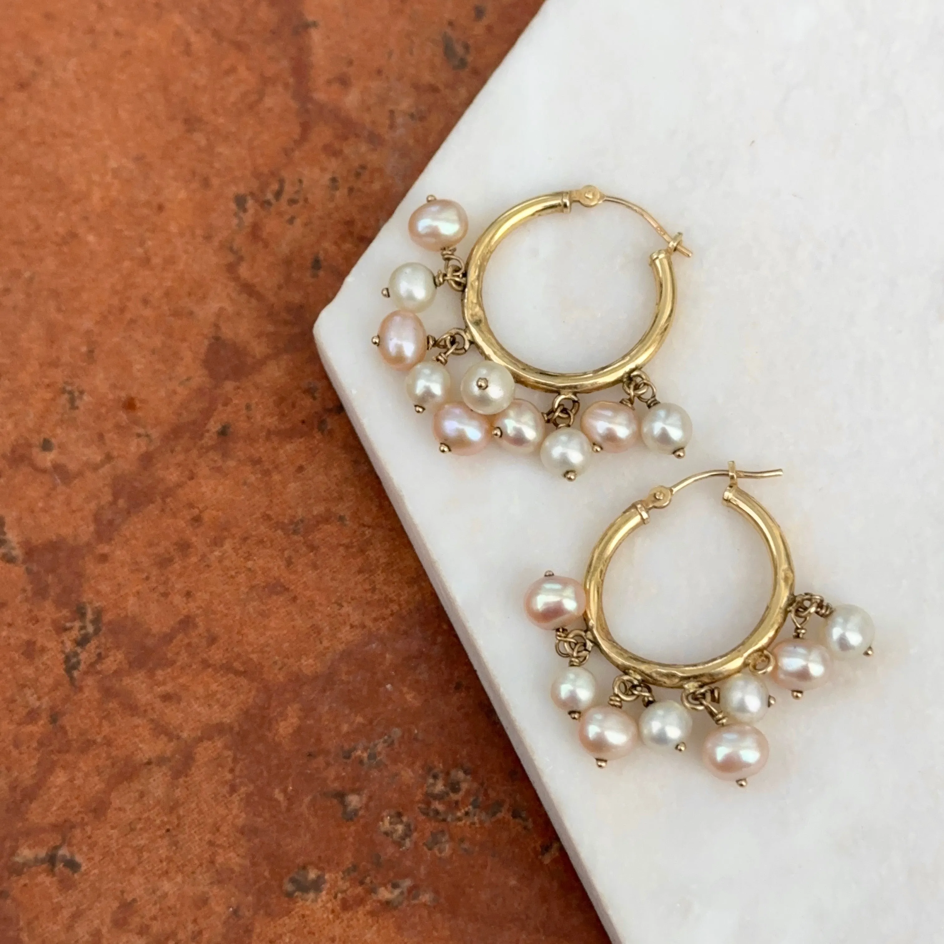 Estate 14KT Yellow Gold Hoop Earrings    Freshwater Pearl Dangles