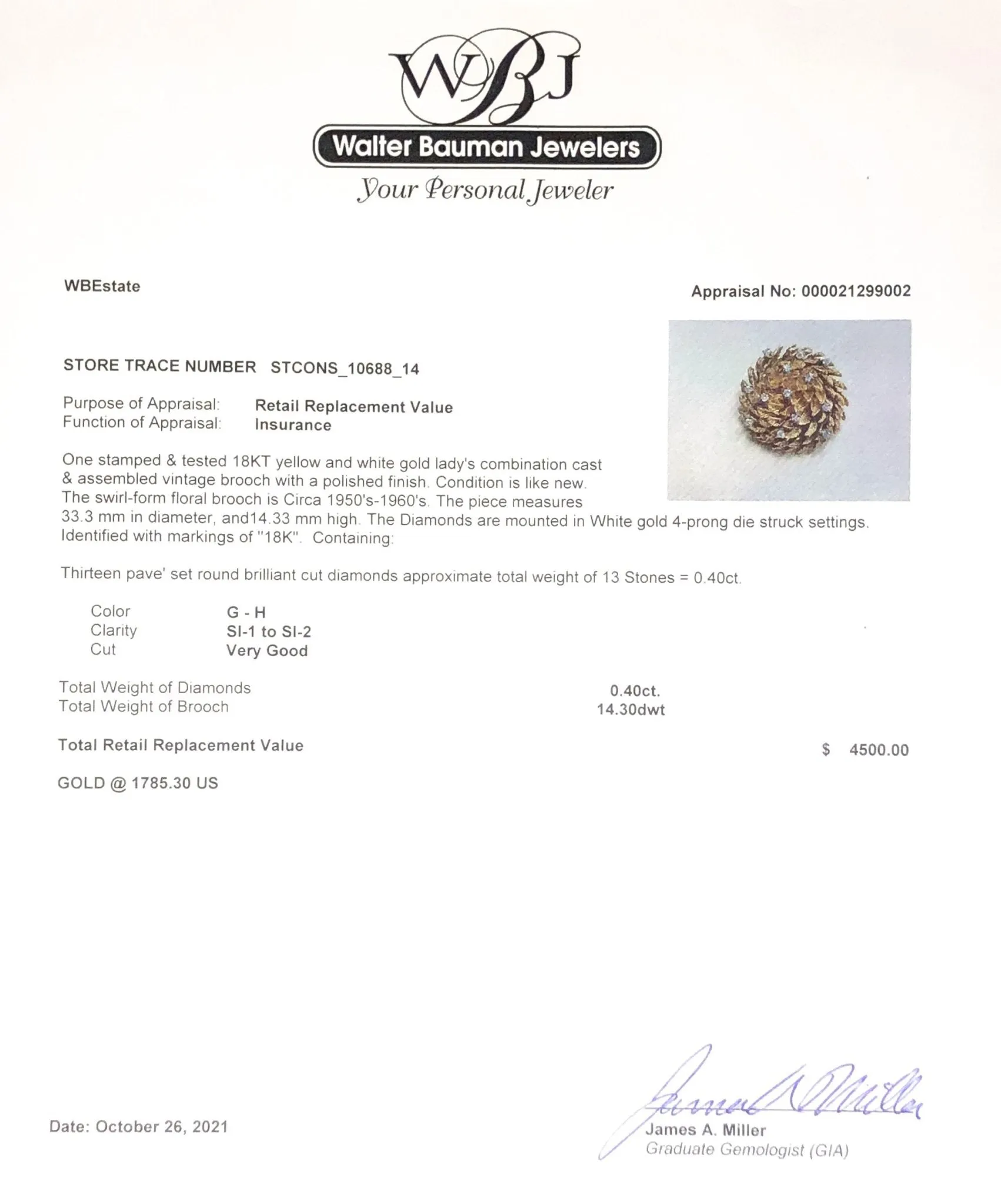 Estate 18K Y Gold 0.40cttw G-H/SI1-2 Diamond Floral Brooch