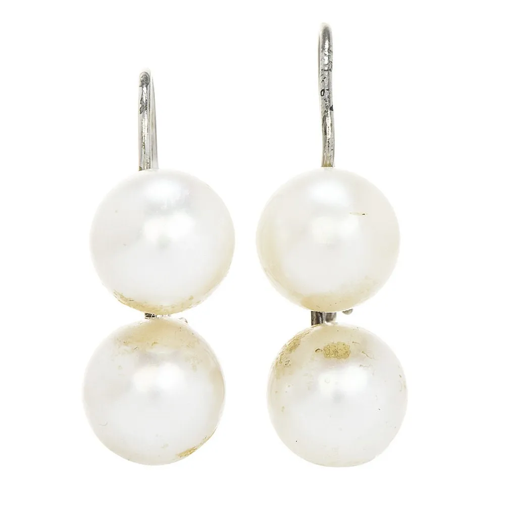 Estate 7mm Double Pearl Drop Earrings on 14K White Gold Wire