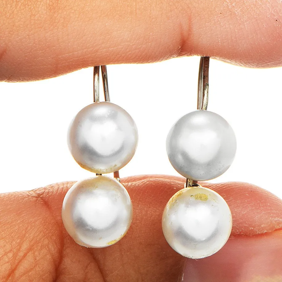 Estate 7mm Double Pearl Drop Earrings on 14K White Gold Wire