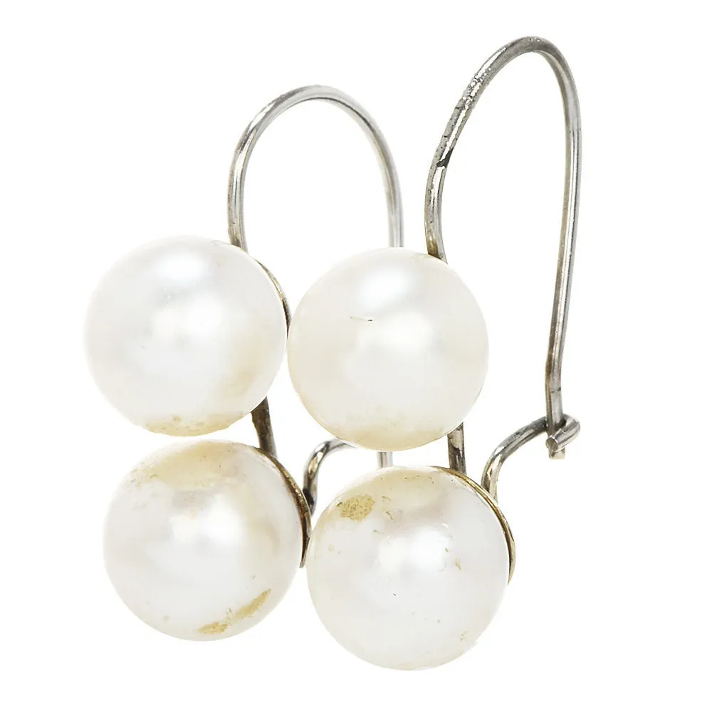 Estate 7mm Double Pearl Drop Earrings on 14K White Gold Wire