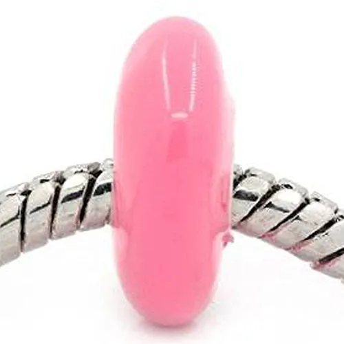 European Charm Beads Flat Round Silver Plated Enamel hot pink