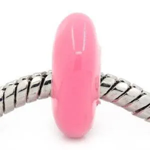 European Charm Beads Flat Round Silver Plated Enamel hot pink
