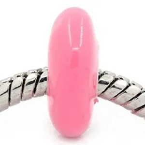 European Charm Beads Flat Round Silver Plated Enamel hot pink