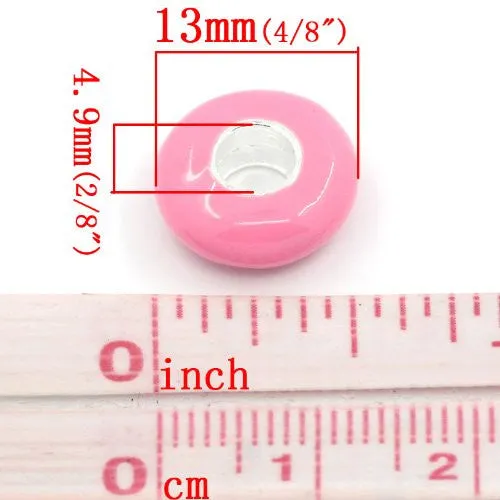 European Charm Beads Flat Round Silver Plated Enamel hot pink