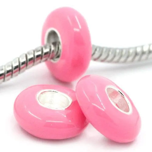 European Charm Beads Flat Round Silver Plated Enamel hot pink