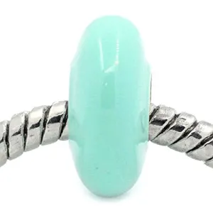 European Charm Beads Flat Round Silver Plated Enamel Light Green