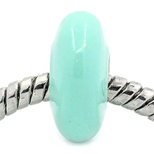 European Charm Beads Flat Round Silver Plated Enamel Light Green
