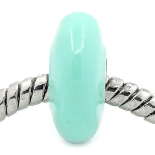 European Charm Beads Flat Round Silver Plated Enamel Light Green
