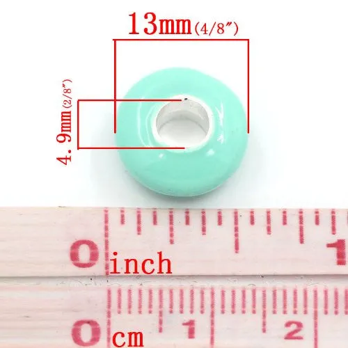 European Charm Beads Flat Round Silver Plated Enamel Light Green