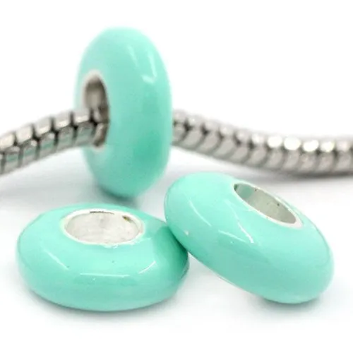 European Charm Beads Flat Round Silver Plated Enamel Light Green