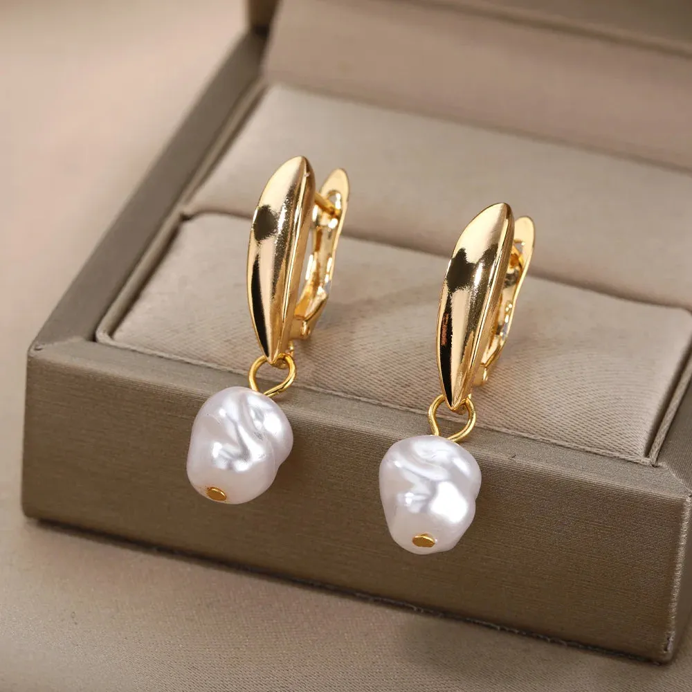 Fashion Circle Imitation Pearl Drop Earrings for Women Gold Color Stainless Steel Round Geometric Hoop Earring Wedding Jewelry