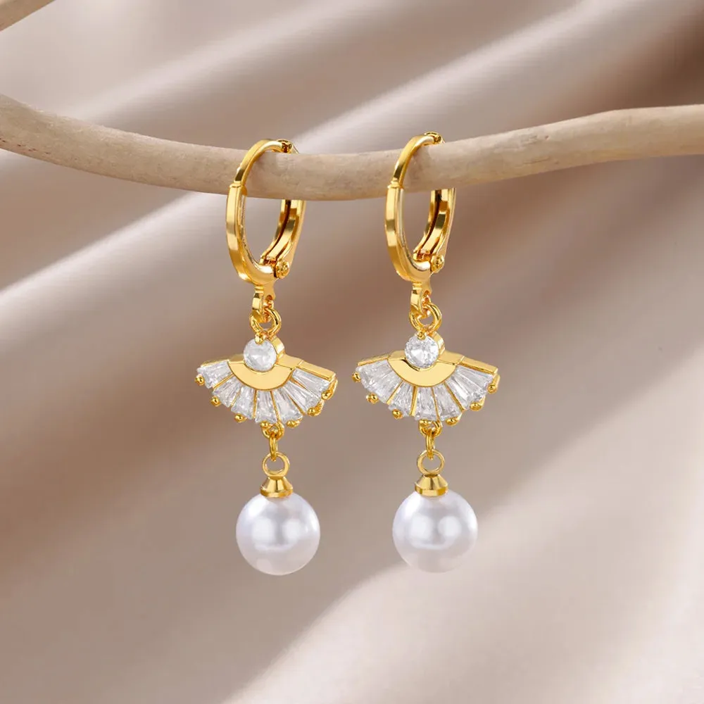 Fashion Circle Imitation Pearl Drop Earrings for Women Gold Color Stainless Steel Round Geometric Hoop Earring Wedding Jewelry