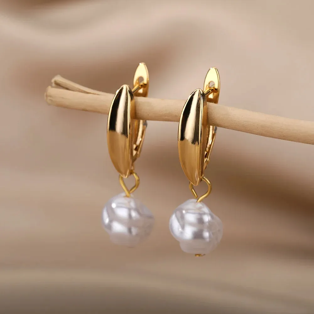 Fashion Circle Imitation Pearl Drop Earrings for Women Gold Color Stainless Steel Round Geometric Hoop Earring Wedding Jewelry