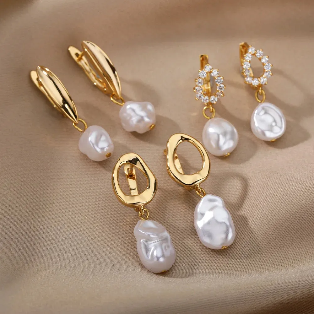 Fashion Circle Imitation Pearl Drop Earrings for Women Gold Color Stainless Steel Round Geometric Hoop Earring Wedding Jewelry