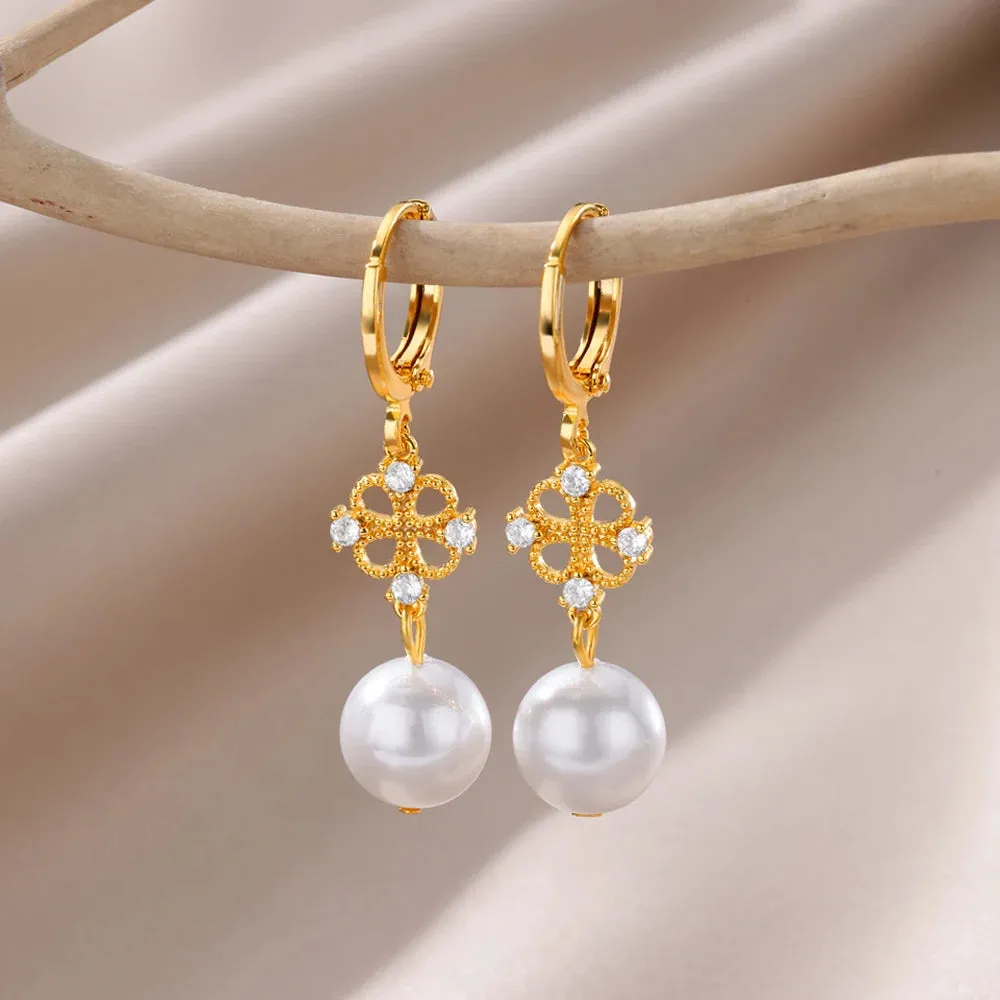 Fashion Circle Imitation Pearl Drop Earrings for Women Gold Color Stainless Steel Round Geometric Hoop Earring Wedding Jewelry