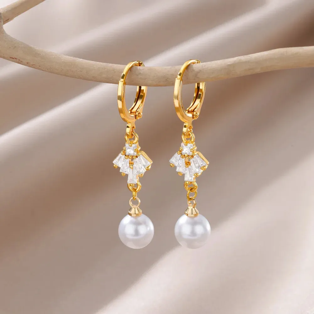 Fashion Circle Imitation Pearl Drop Earrings for Women Gold Color Stainless Steel Round Geometric Hoop Earring Wedding Jewelry