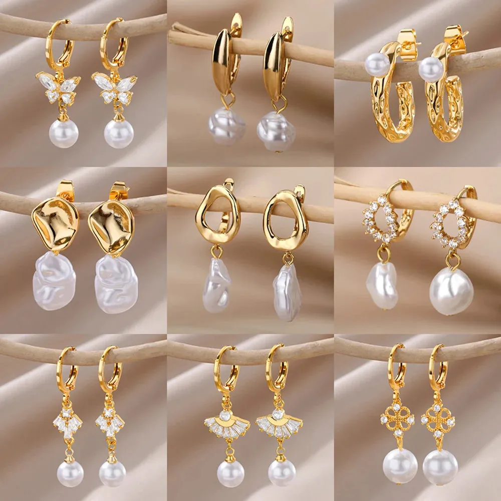 Fashion Circle Imitation Pearl Drop Earrings for Women Gold Color Stainless Steel Round Geometric Hoop Earring Wedding Jewelry