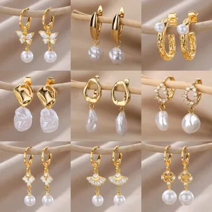 Fashion Circle Imitation Pearl Drop Earrings for Women Gold Color Stainless Steel Round Geometric Hoop Earring Wedding Jewelry