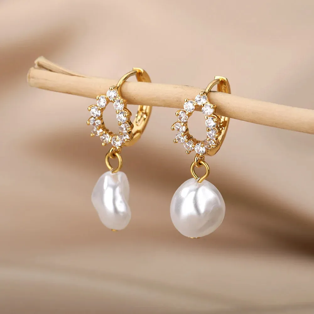 Fashion Circle Imitation Pearl Drop Earrings for Women Gold Color Stainless Steel Round Geometric Hoop Earring Wedding Jewelry