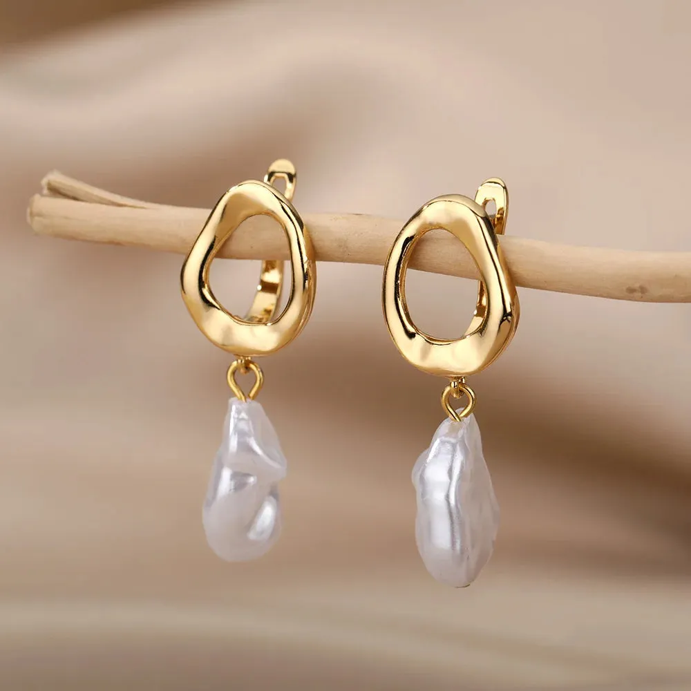 Fashion Circle Imitation Pearl Drop Earrings for Women Gold Color Stainless Steel Round Geometric Hoop Earring Wedding Jewelry