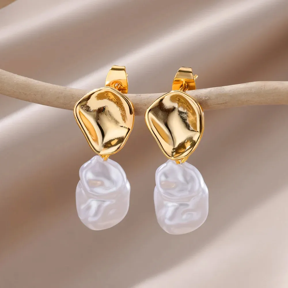 Fashion Circle Imitation Pearl Drop Earrings for Women Gold Color Stainless Steel Round Geometric Hoop Earring Wedding Jewelry
