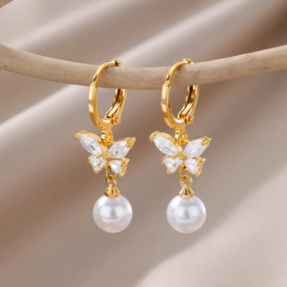 Fashion Circle Imitation Pearl Drop Earrings for Women Gold Color Stainless Steel Round Geometric Hoop Earring Wedding Jewelry