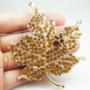 Fashionable Jewelry Gold Tone Maple Leaf Brown Rhinestone Crystal Brooch Pin