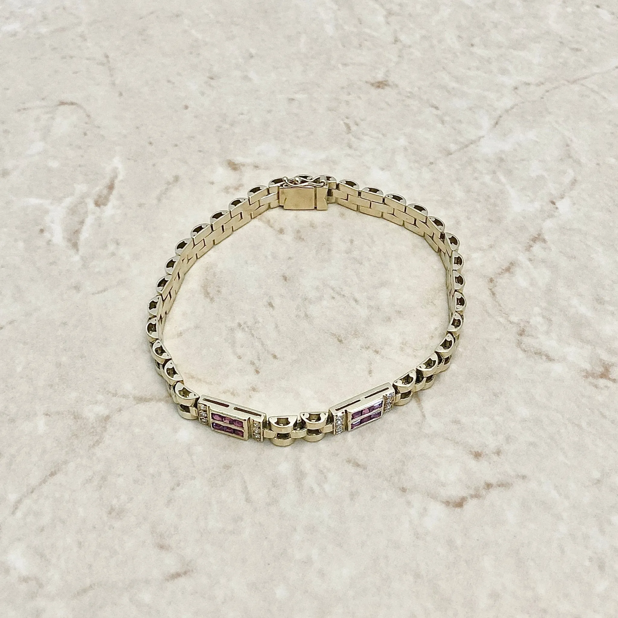 Fine Vintage 18 Karat Yellow Gold Ruby & Diamond Link Bracelet