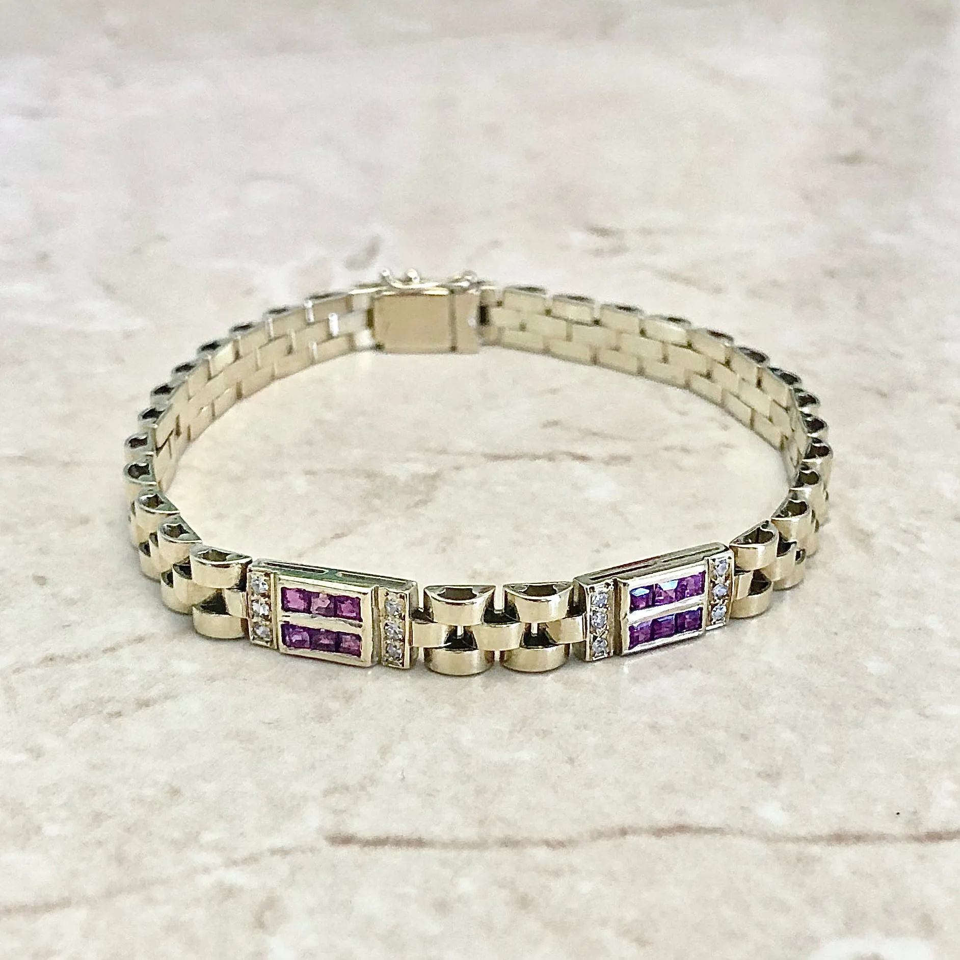 Fine Vintage 18 Karat Yellow Gold Ruby & Diamond Link Bracelet