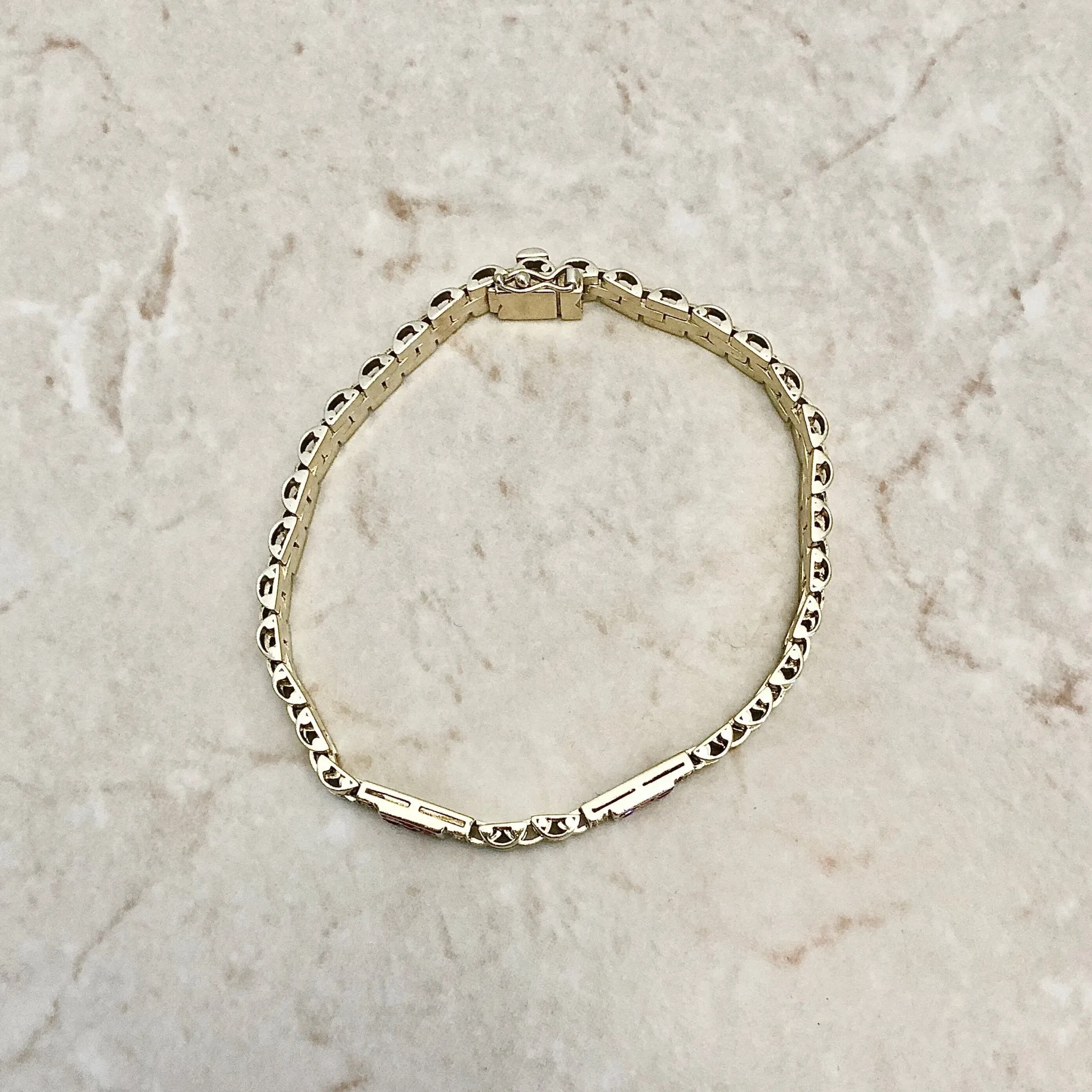 Fine Vintage 18 Karat Yellow Gold Ruby & Diamond Link Bracelet
