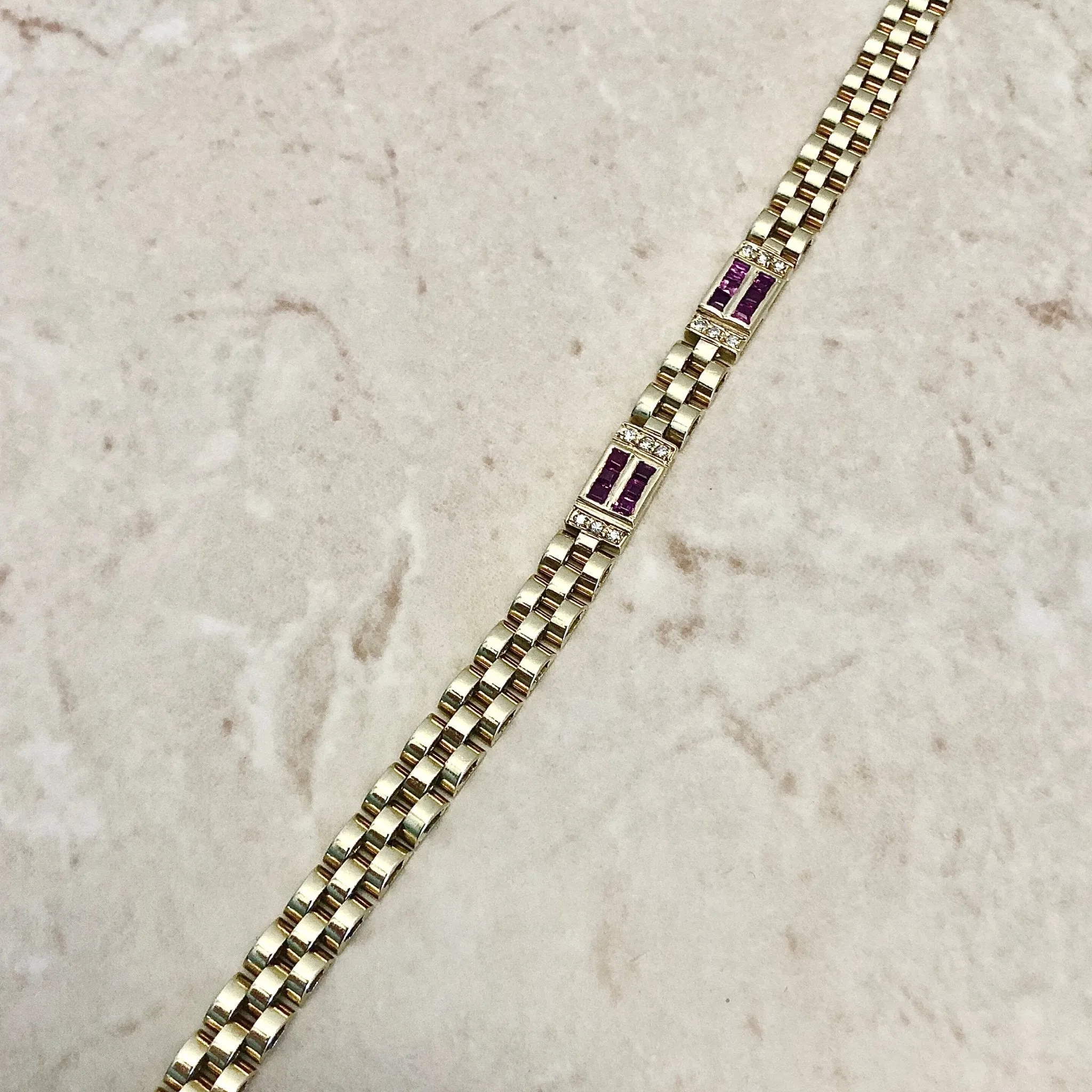 Fine Vintage 18 Karat Yellow Gold Ruby & Diamond Link Bracelet