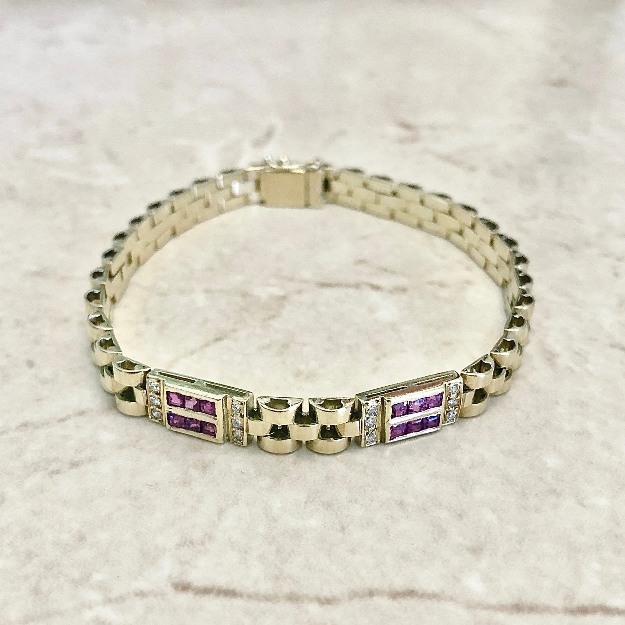Fine Vintage 18 Karat Yellow Gold Ruby & Diamond Link Bracelet