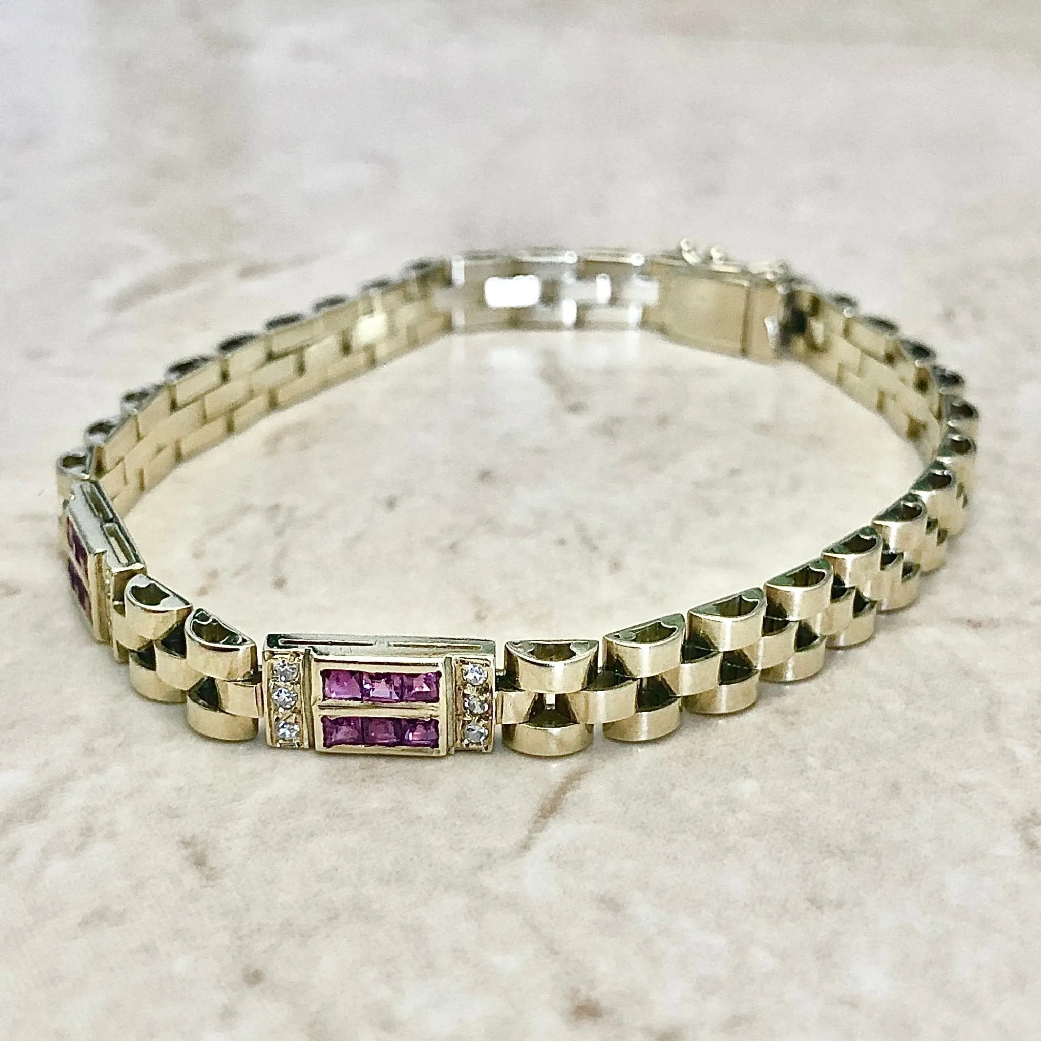 Fine Vintage 18 Karat Yellow Gold Ruby & Diamond Link Bracelet