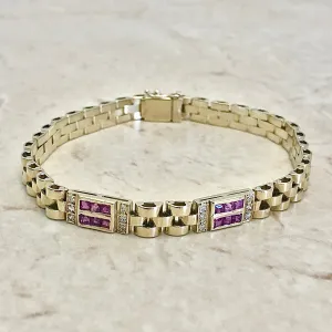 Fine Vintage 18 Karat Yellow Gold Ruby & Diamond Link Bracelet