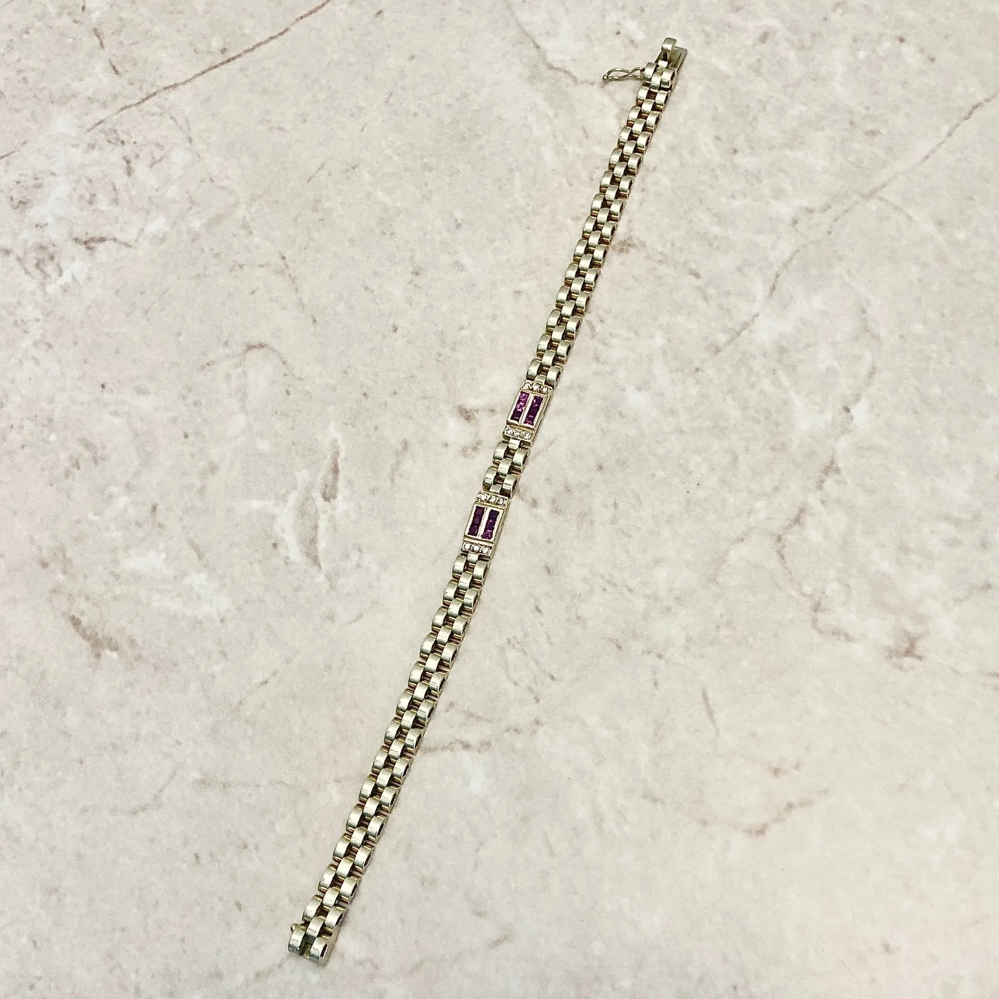 Fine Vintage 18 Karat Yellow Gold Ruby & Diamond Link Bracelet